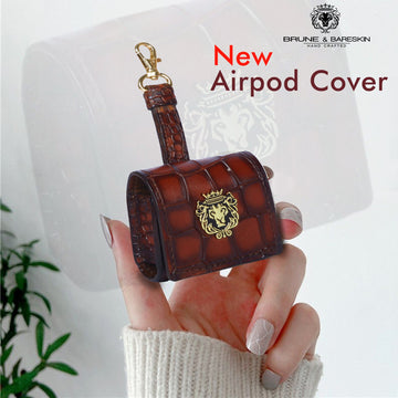 Square Shape Air-Pods Cover In Smokey Tan Croco Textured Leather Flap-Over Design
