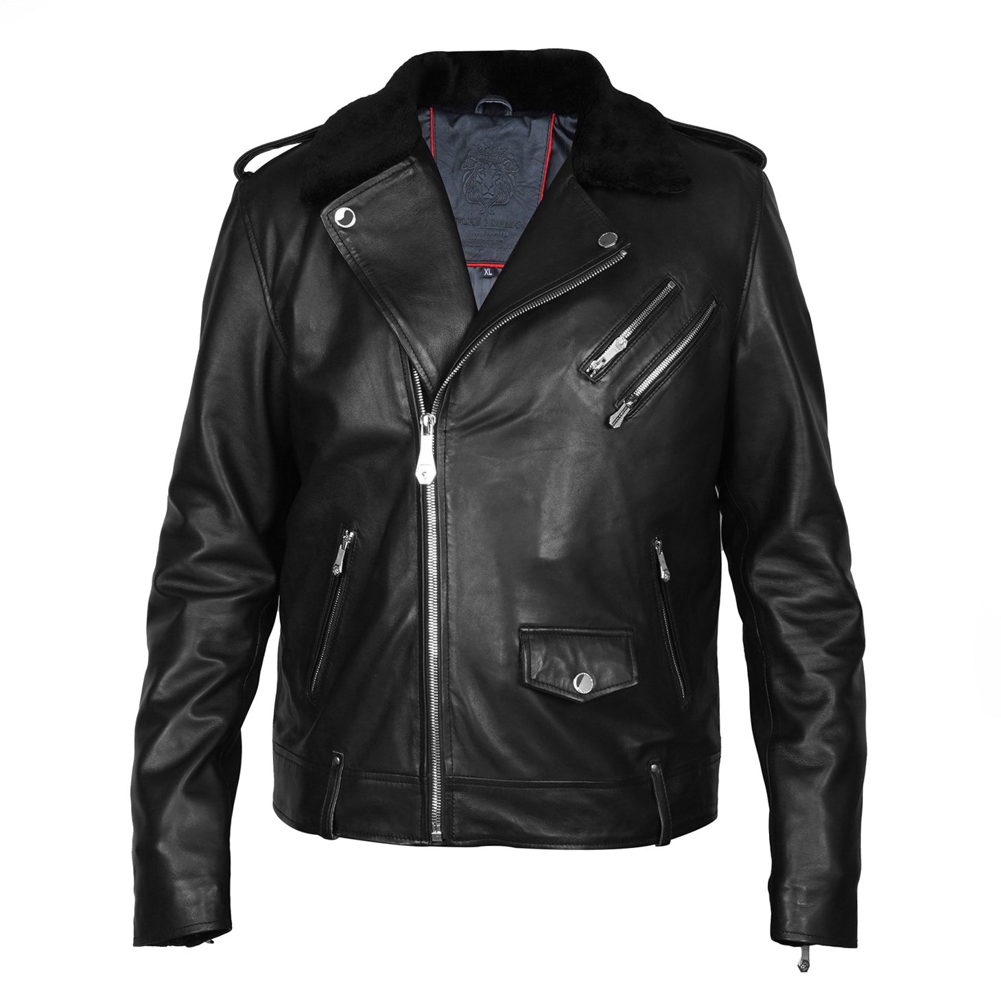 Italian Velvet Collar Black Genuine Leather Biker Jacket with Adjustab