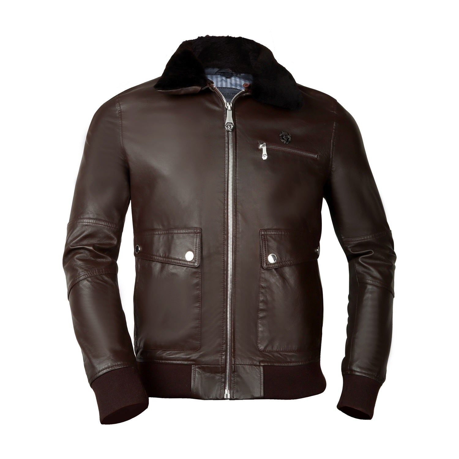Ribbed Style Dark Brown Fur Collar Dark Brown Leather Jacket For Men B