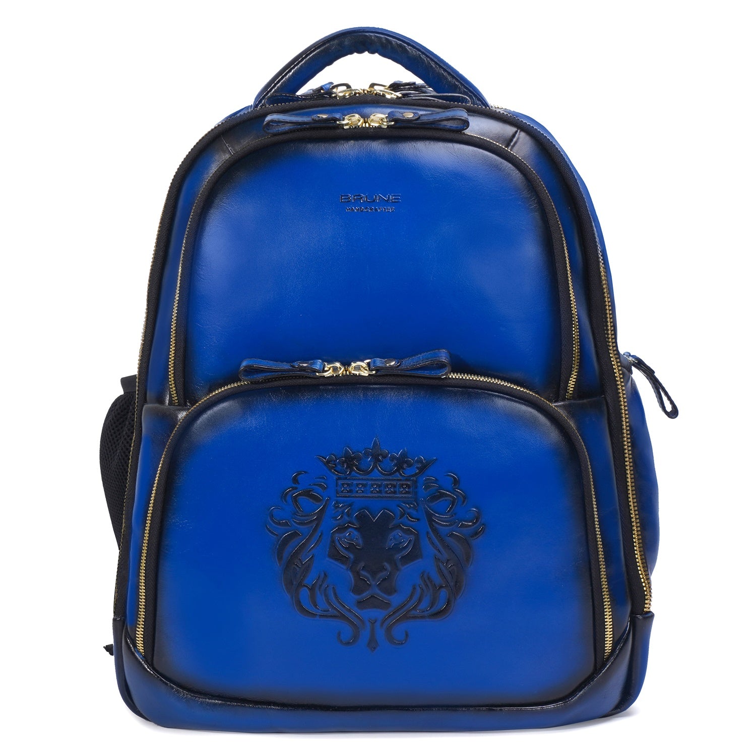 brune leather backpack Brune X Bareskin Embossed Lion Blue Leather Backpack