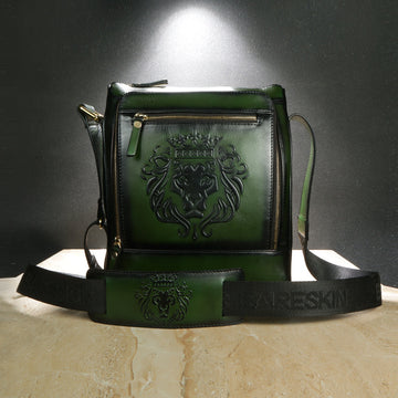 Fanny Pack/Cross-body Bag in Green Genuine Leather with Embossed lion