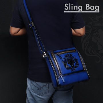 Cross Body Bag In Blue Leather with Embossed Lion