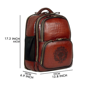 Embossed Lion Tan Leather Backpack Croco Textured Super Functional Multi pockets By Brune & Bareskin