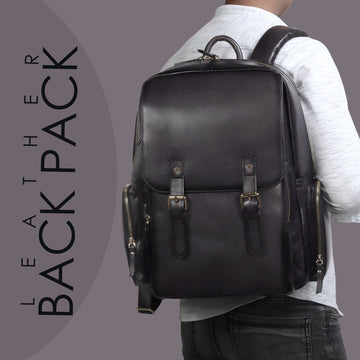 Flap-Over Travel Backpack in Grey Genuine leather