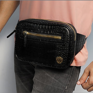 Waist Pack Bag In Squared Shape Black Croco Texture Leather