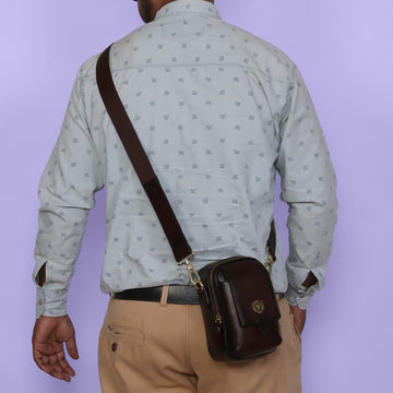 Flap Over Dark Brown Cross-Body Leather Bag Adjustable Shoulder Strap