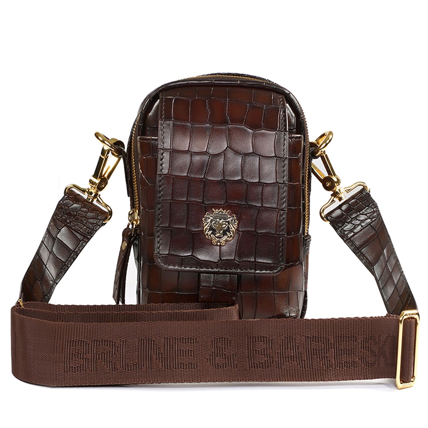 Branded Strap Dark Brown Cross-Body Bag