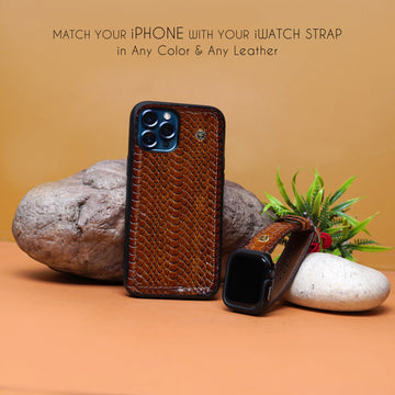 Matching Mobile Cover with Watch Strap Combo Tan Snake Skin Embossed Leather