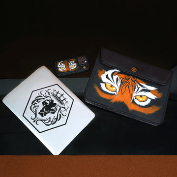Personalized Combo of Laptop Sleeves & Mobile Cover with Hand-Painted Tiger Eyes