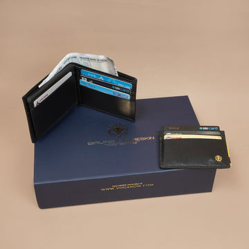 Combo Pack of Bi-Fold Wallet & Card Holder in Black leather