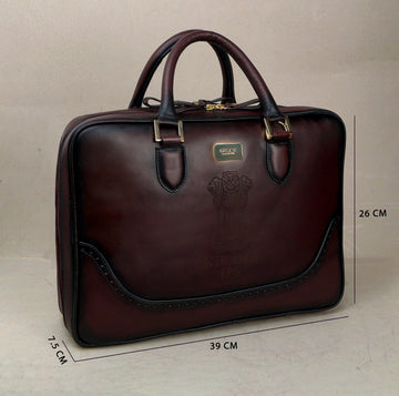 Bespoke Dark Brown Laser Brogue Detailing Leather Laptop Office Briefcase With Extra Compartment By Brune & Bareskin