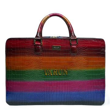 Customized Laptop Briefcase with Metal Initial in Multi-Colored Croco Textured Leather