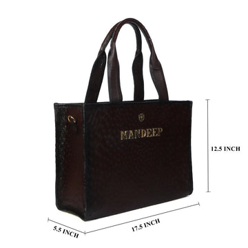 Ladies Large Dark Brown Hand Bag with Customized Metal Initial in Real Ostrich Leather