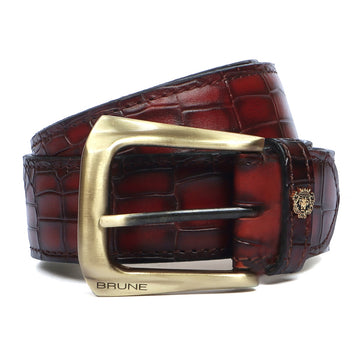 Smokey Finish Cognac Belt in Croco Textured Leather With Smokey Gold Slant Shape Buckle