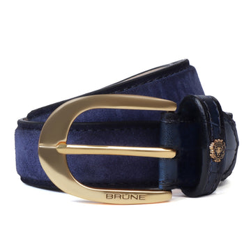 Men's Belt with Mini Lion Blue Suede Leather Oval Shape Buckle
