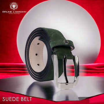 Green Suede Leather Men's Belt with Silver Finish Buckle Closure
