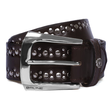 Dark Brown Leather Belt with Sliver Metal Circle Studded in