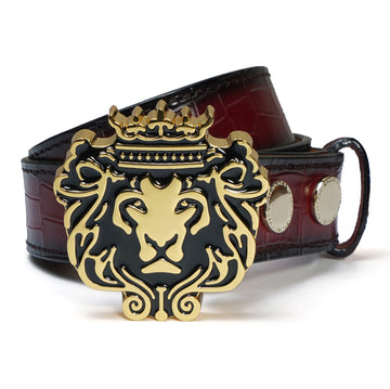 Detachable "Brune & Bareskin" Brand Lion Logo Buckle Belt in Wine Deep Cut Leather
