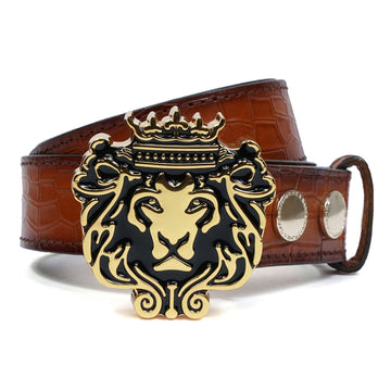 Detachable Trademark Lion Logo Buckle Belt in Croco Textured Tan Leather
