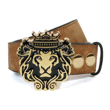 Detachable Metal Lion Buckle Belt in Tan Suede Leather
