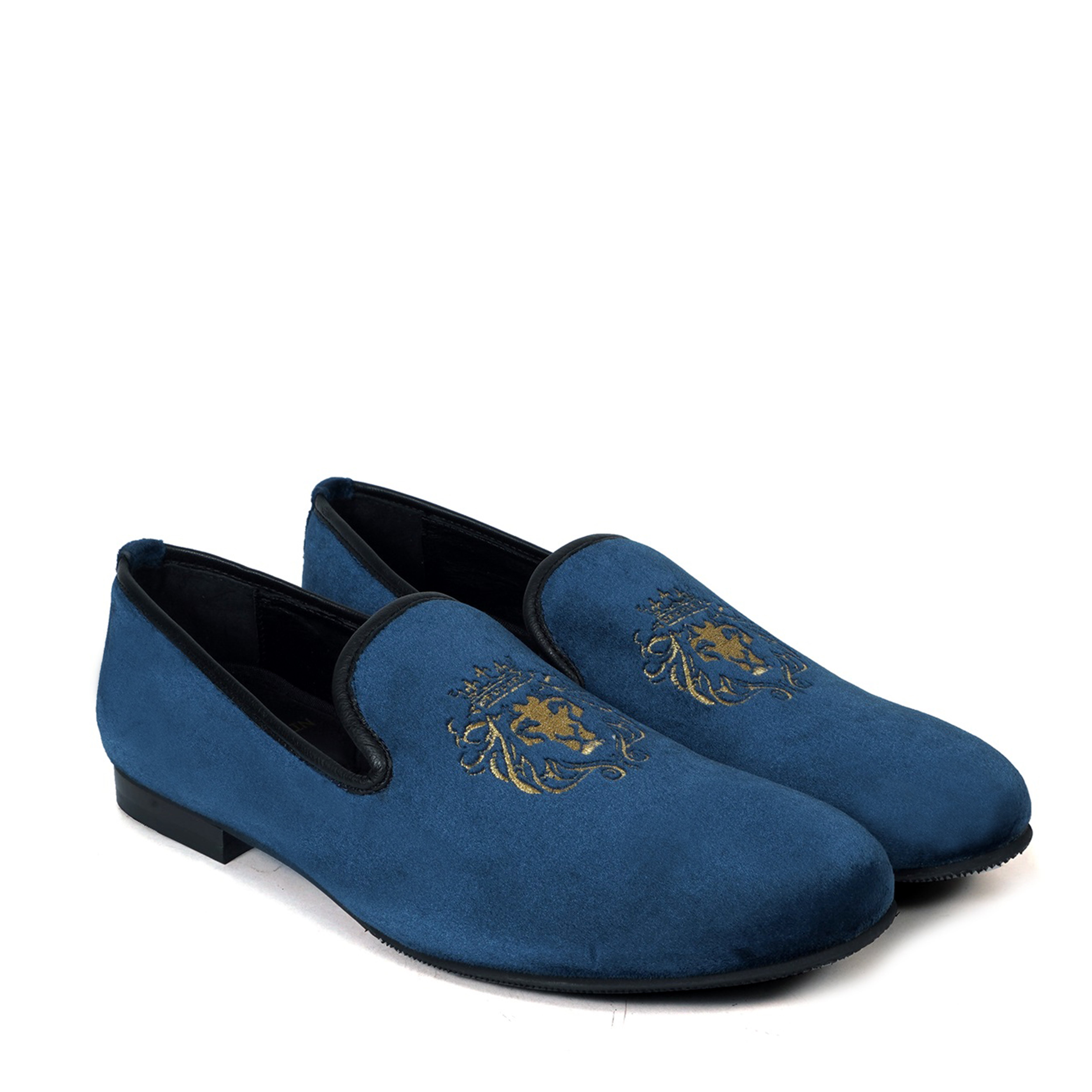 Blue Velvet/Golden Lion King Embroidery Slip-On Shoes By Brune Bares
