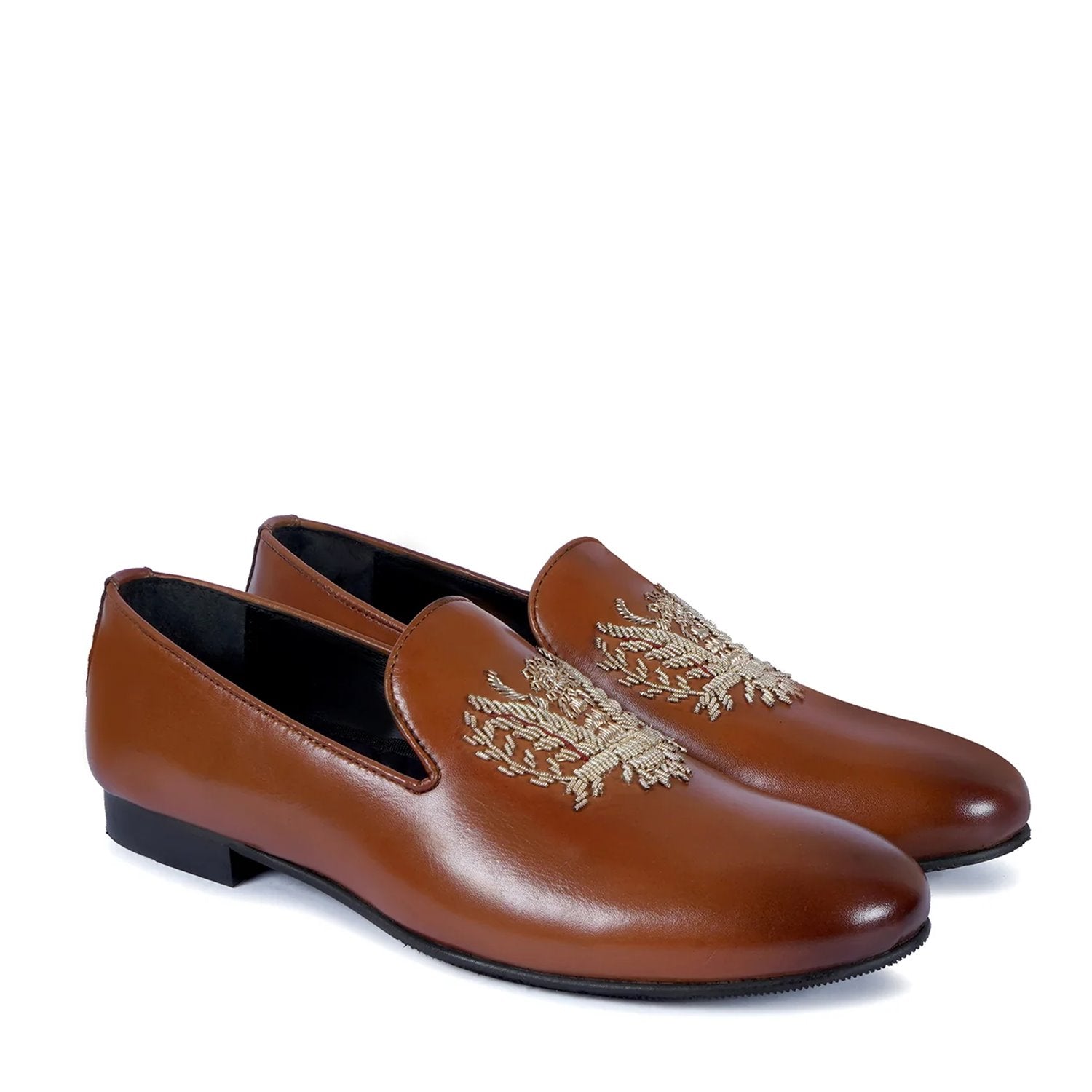 Tan Genuine Leather Slip-On Shoes For Men with Eagle Crest Zardoasi