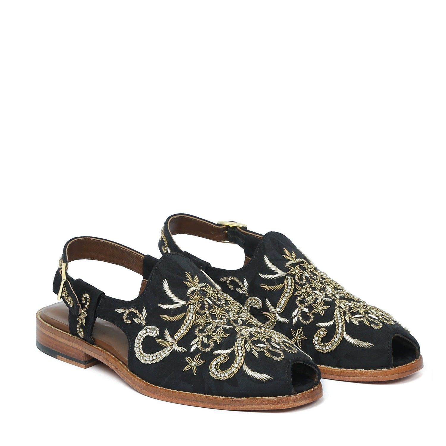 Black Peep-toe Zardosi Peshawari Sandal with Leather Sole
