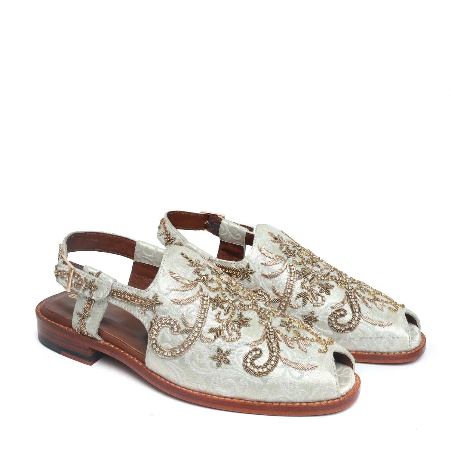 White Hand Zardosi Peep-toe Peshawari Sandals - Main Image