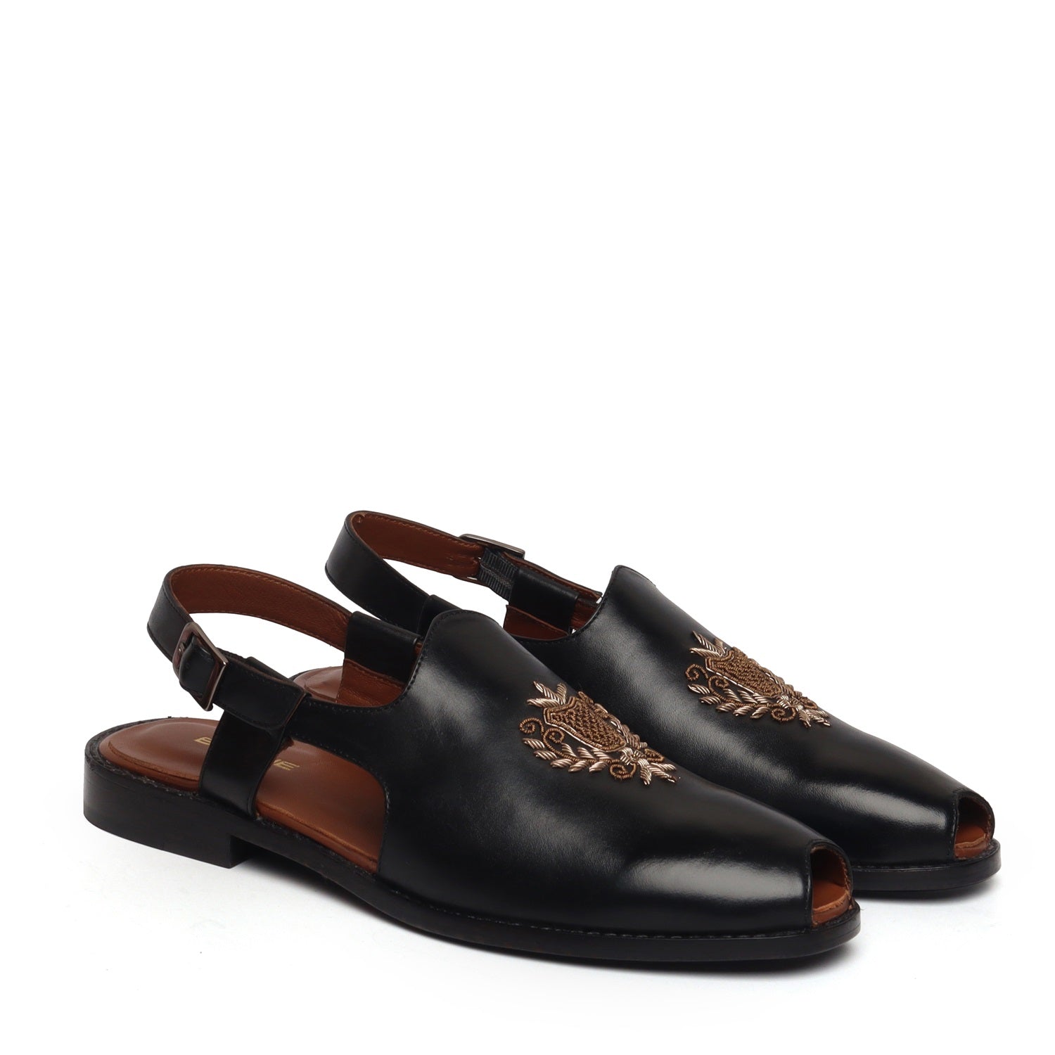 Black Hand Zardosi Peep-toe Peshawari Sandals - Main Image
