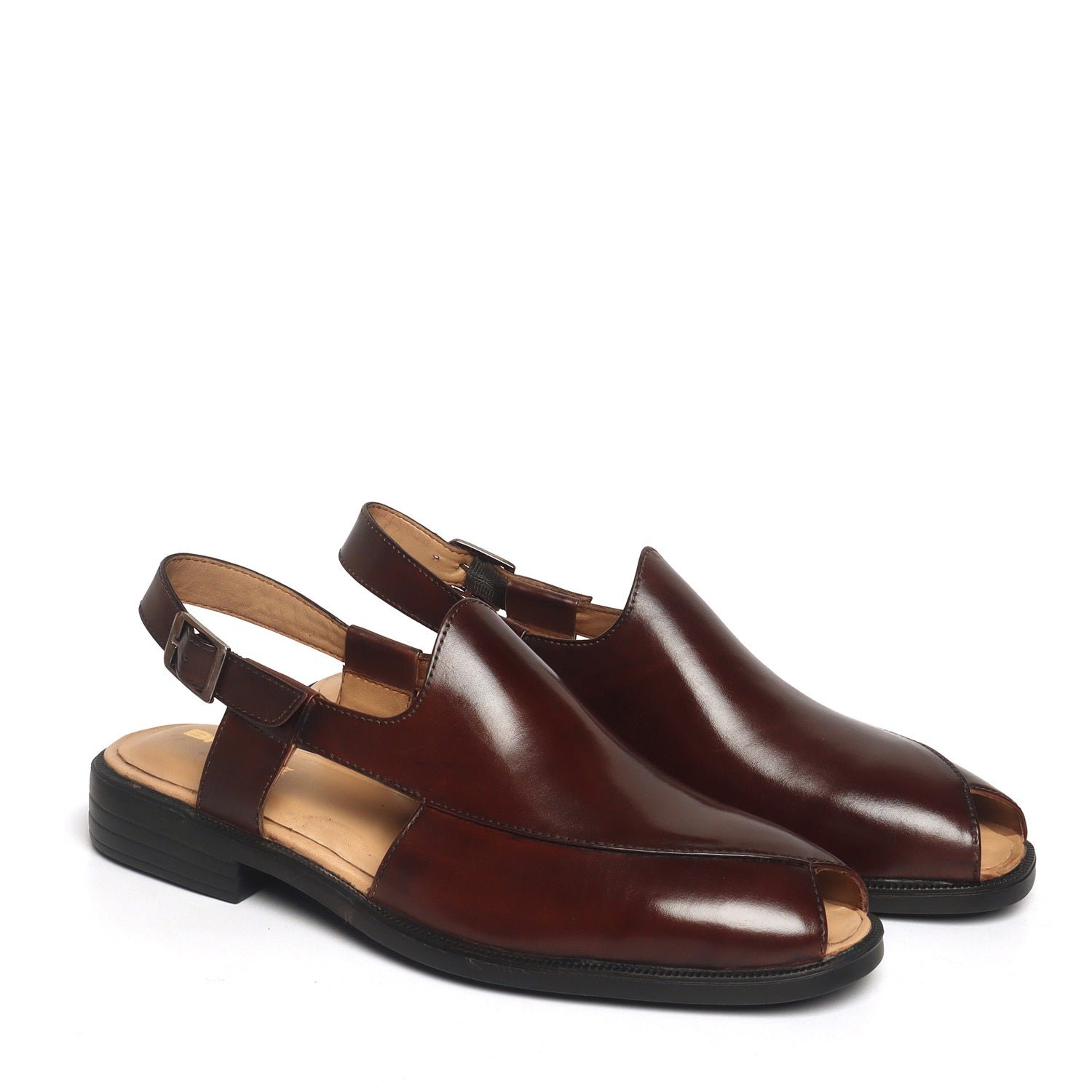 Dark Brown Cross Design Peep-toe Peshawari Sandals