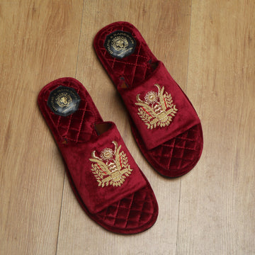 Quilted Base Slide-in Slippers with Crown Eagle Zardosi on Red Velvet