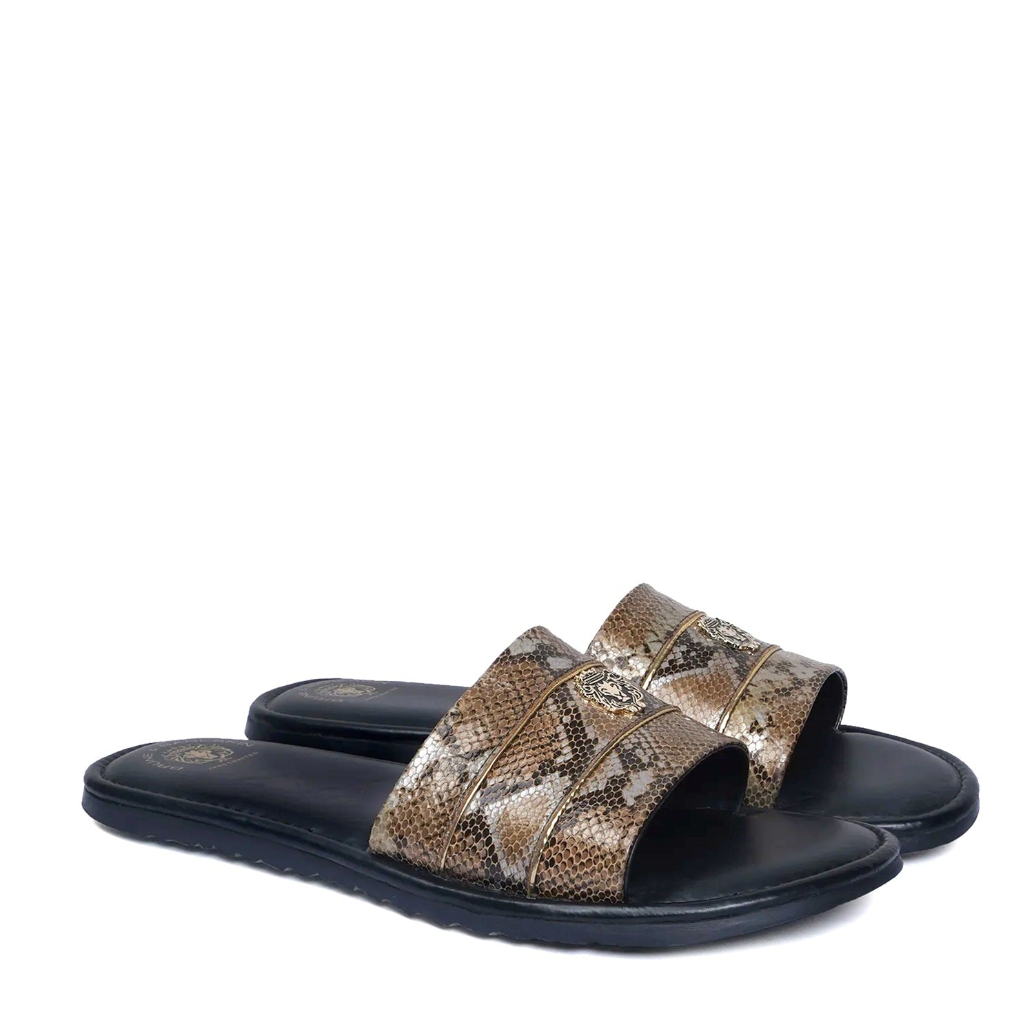 Snake Print Leather With Golden Stripes Slide-In-Slippers by Brune B
