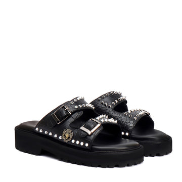 Studded Slide-in Slippers with Chunky Sole in Black Cut Croco Leather Detailing