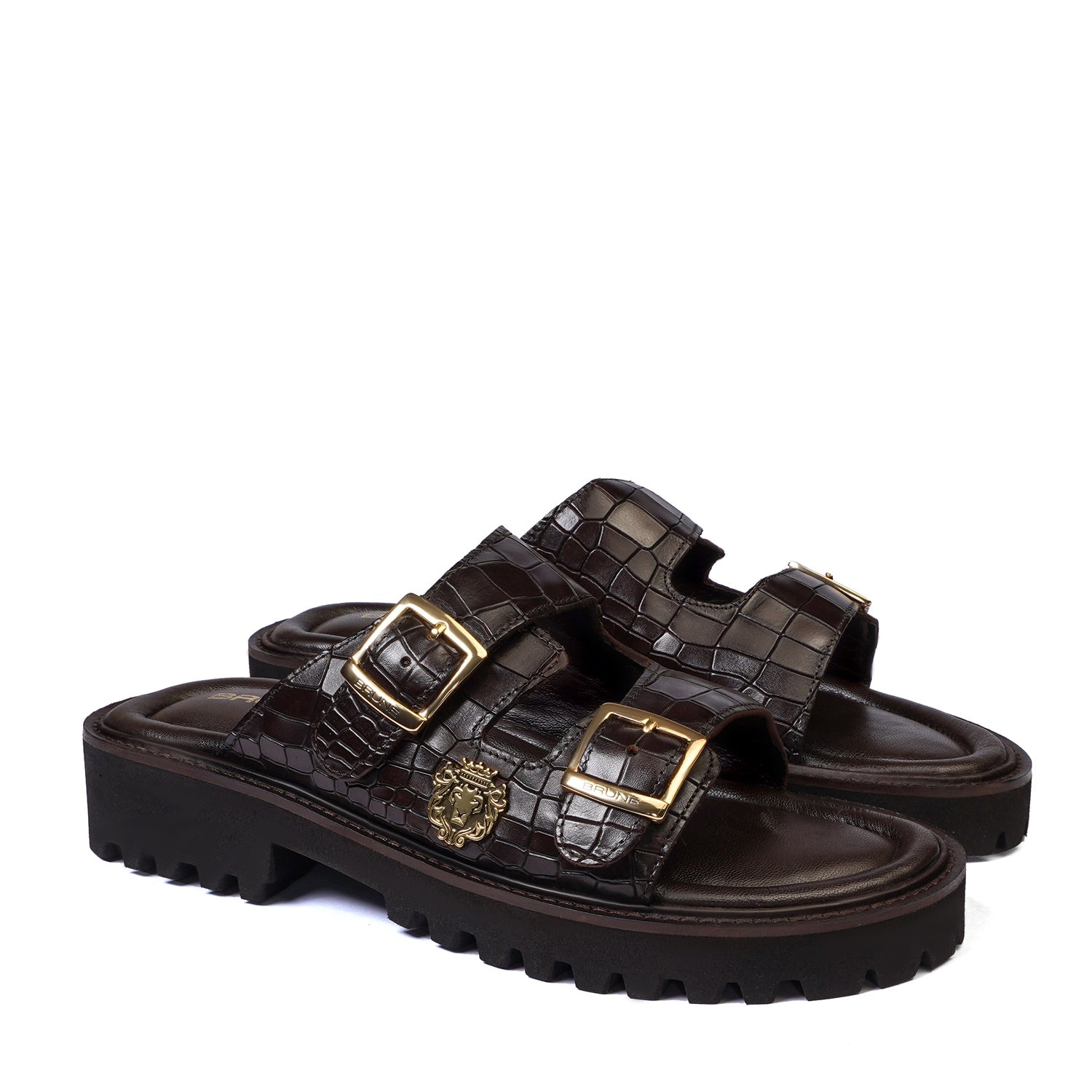 Lug Sole Slide-in Slippers Dark Brown Cut Croco Textured Leather