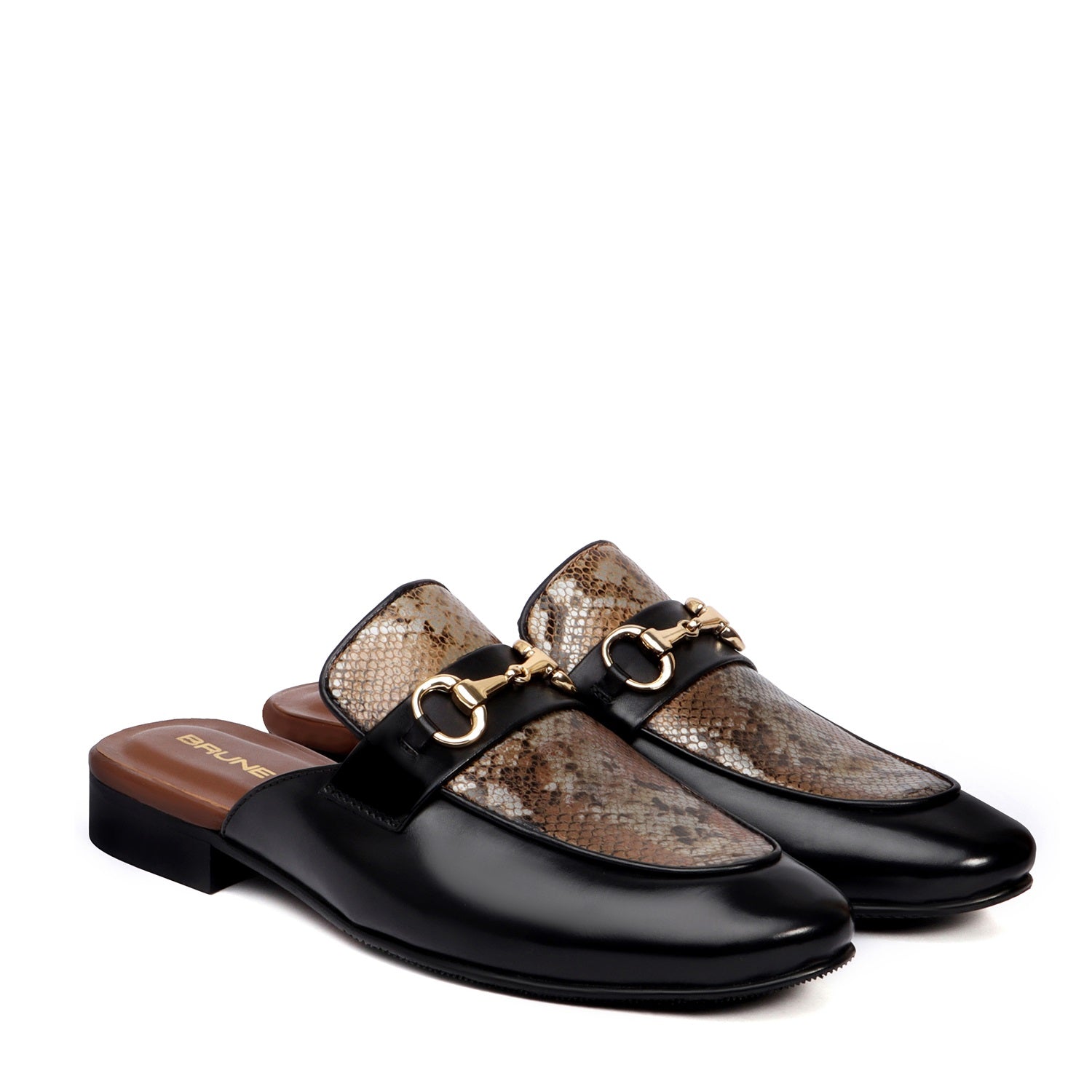 Snake Print Black Leather Horsebit Mules