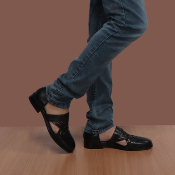 Black Caligae Peshawari Leather Sandals