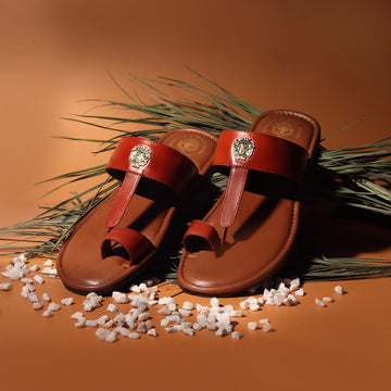 Tan T-Bar Style Leather Slide-In-Slippers with Metal Lion Logo