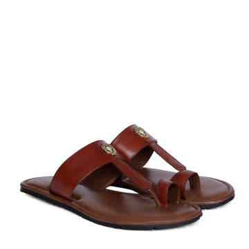 Tan T-Bar Slide-In-Slippers with Metal Lion Logo