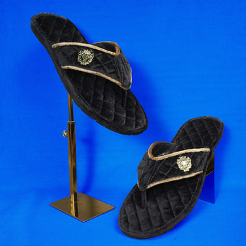 Soft Italian Velvet Slippers in Black Full Quilted with Beige Piping V-Strap