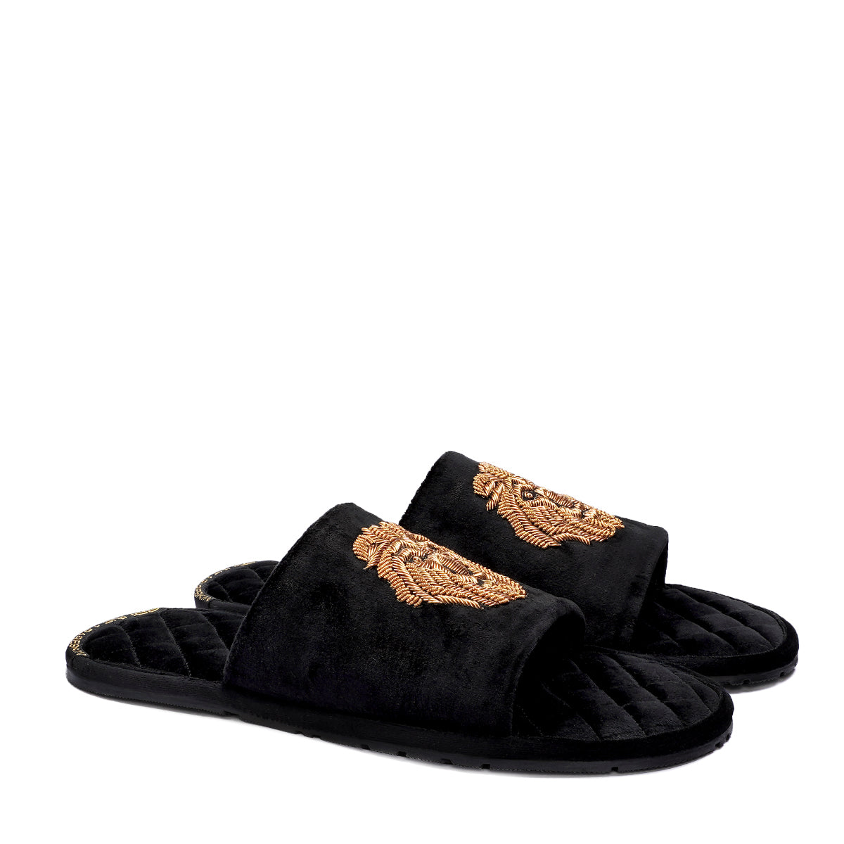 Black Quilted Base Velvet Slide In Slippers with Lion Zardosi