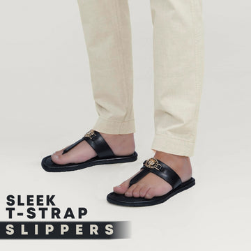 T-Strap Black Slide-in Slipper with Trademark Buckle