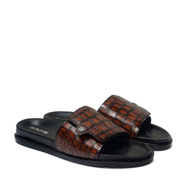 Adjustable Strap Flip-Flop Slipper in Tan Leather