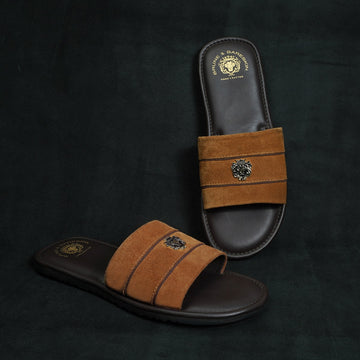 Contrasting Strap Slide-in Slippers with Orange Suede Leather by BRUNE & BARESKIN