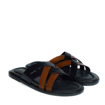 Welt Slide In Slippers with Laser Engraved Tan And Black Intertwined Thin Straps Leather