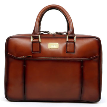Tan Leather Laptop Briefcase Bag with Double Zipper Compartment