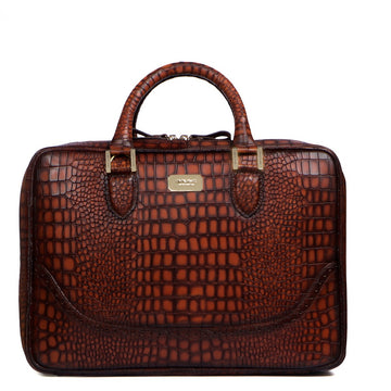 Smokey Tan Laptop Briefcase in Croco Textured Leather with Brogue Detailing