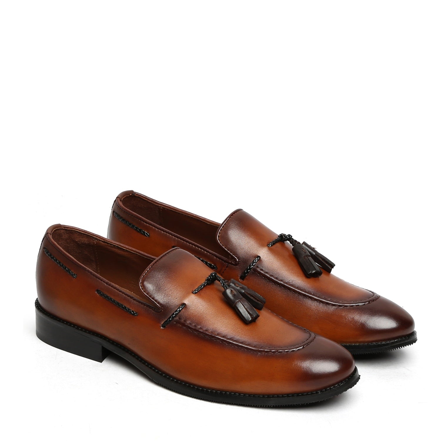 Tan Genuine Leather Loafers with Side Lacing Tassel By Brune Bareski