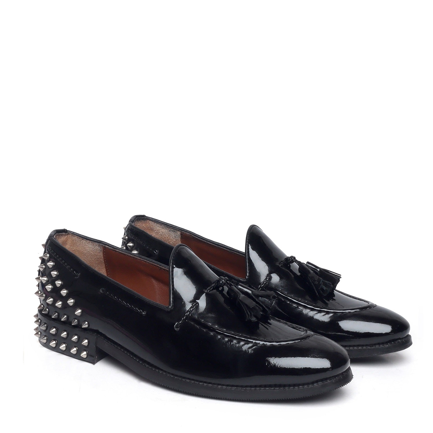 Black Patent Leather Studded Back Side Lacing Tassel Loafers By Brune