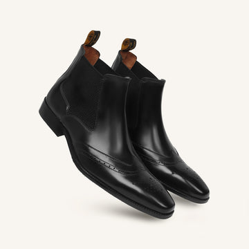 Men's Black Wingtip Quarter Brogue Leather Boots by Brune & Bareskin