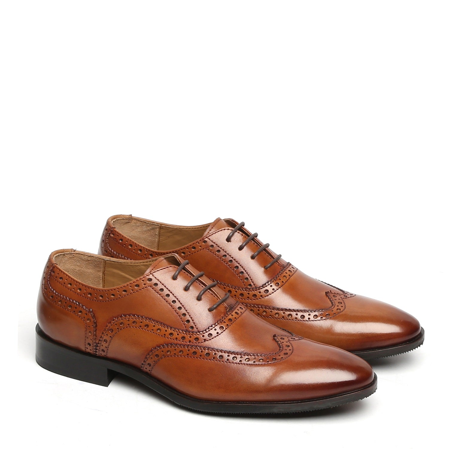 Tan Full Wingtip Brogue Oxfords Leather Shoe With Rubber Sole By BRUNE